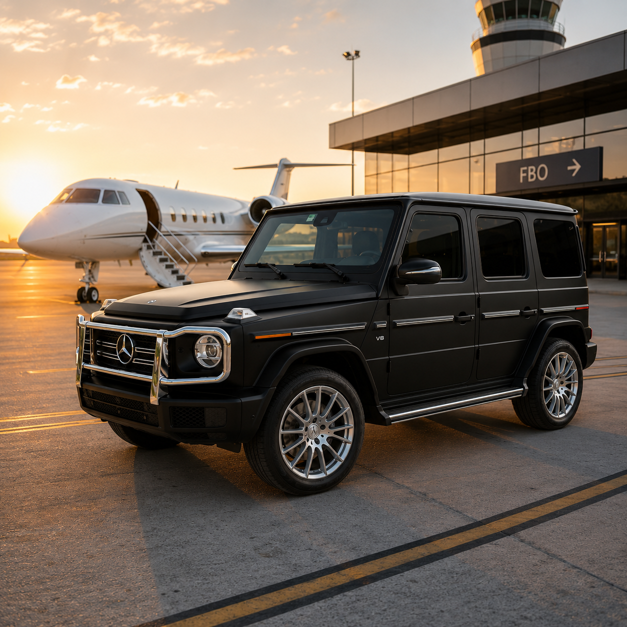 Black Mercedes-Benz G-Class G550 SUV parked on airport tarmac of XNA in Northwest Arkansas with private jet in background during sunset.