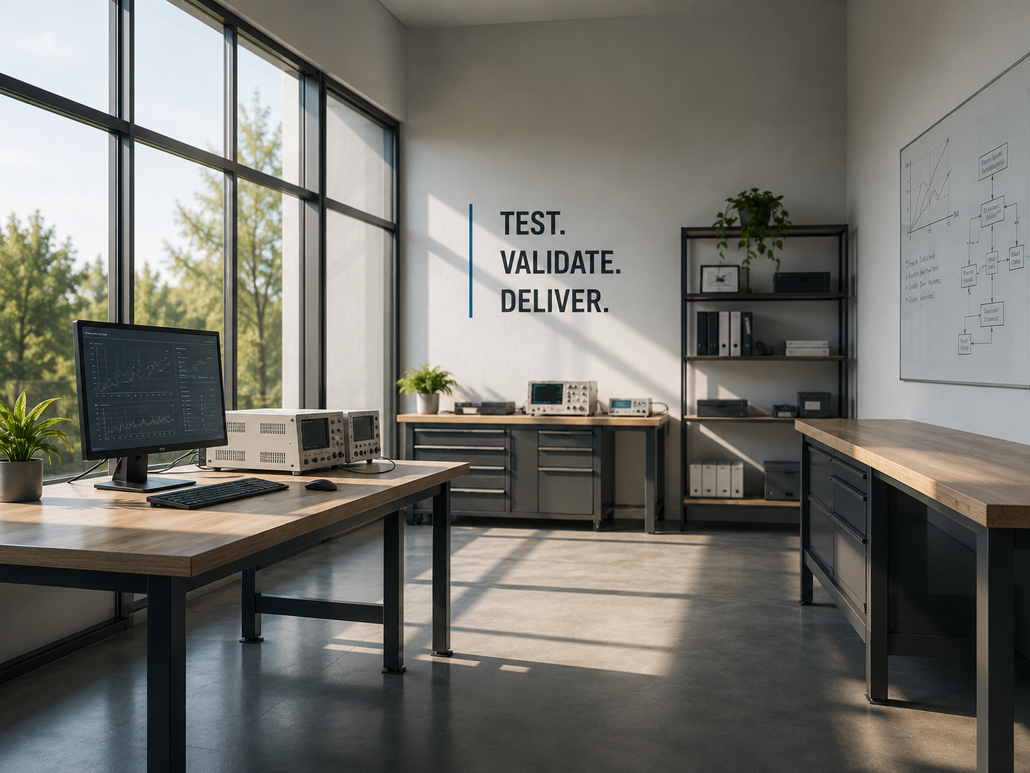 Modern engineering or data analysis office with large windows, a desk with computers and testing and measurement equipment, a black metal shelving unit, and a wall with the words 'Test. Validate. Deliver.' in black text.
