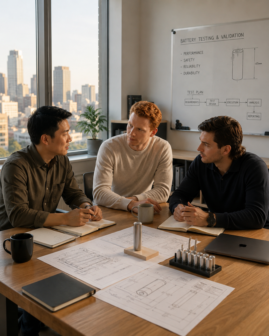 Three men having a discussion in a modern office with city skyline view, with technical drawings, notebooks, and a laptop on the table, and a whiteboard with battery testing information in the background.
