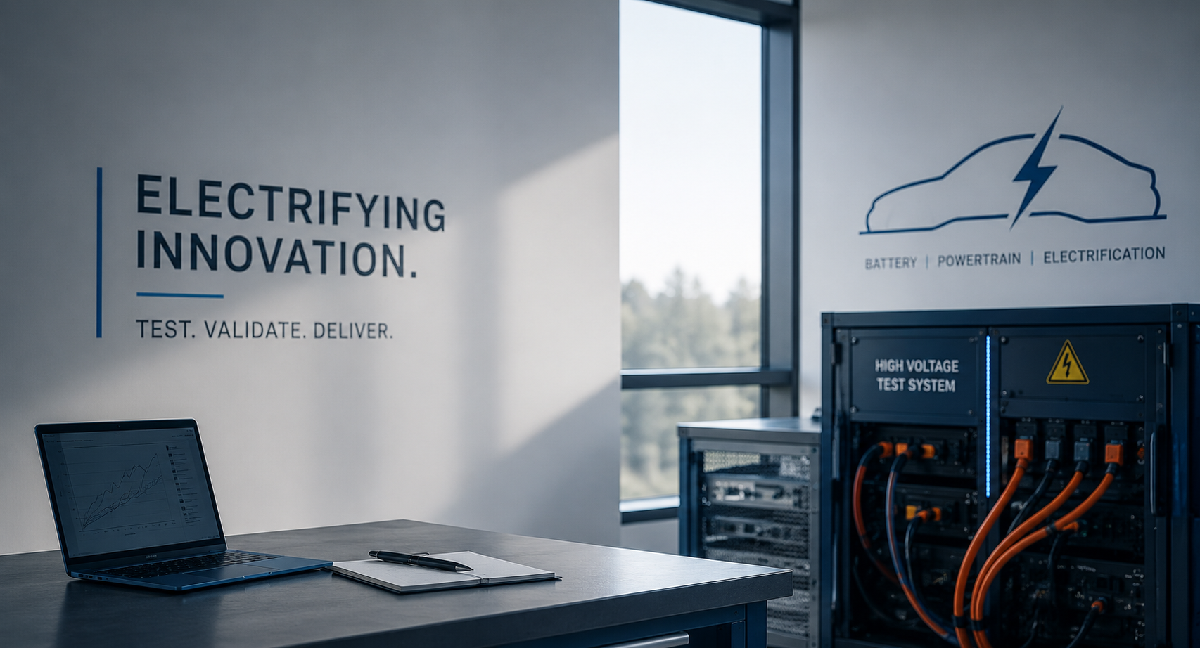 An office or laboratory setting with a wall display that reads "Electrifying Innovation" and "Test. Validate. Deliver." Next to a large industrial high voltage test system with orange cables and a warning sign. A laptop with graphs and a pen on a table also visible.