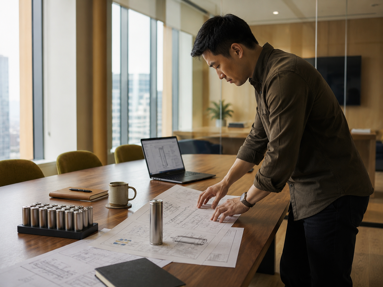 A man is standing at a conference table, reviewing architectural blueprints, with a laptop, notebook, and a mug in a modern office with large windows.