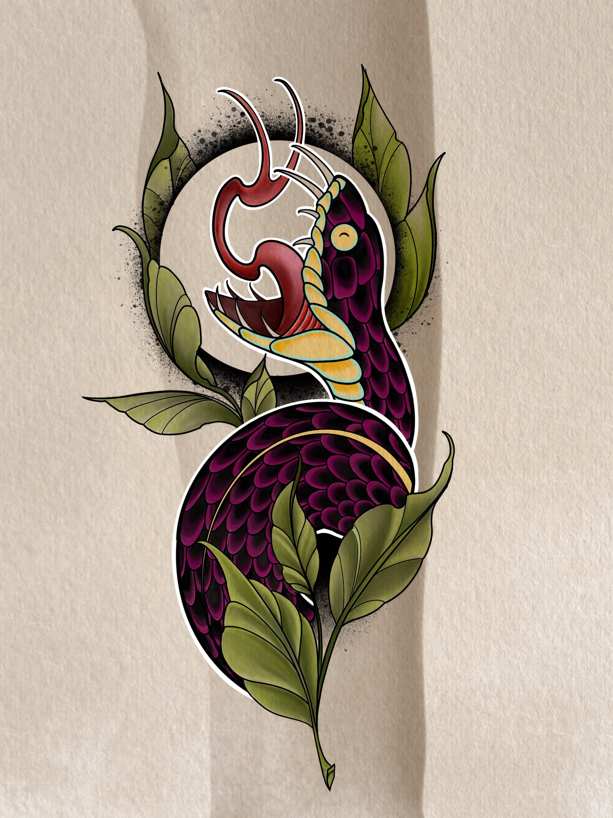 neo traditional tattoo design, colour tattoo design of a snake