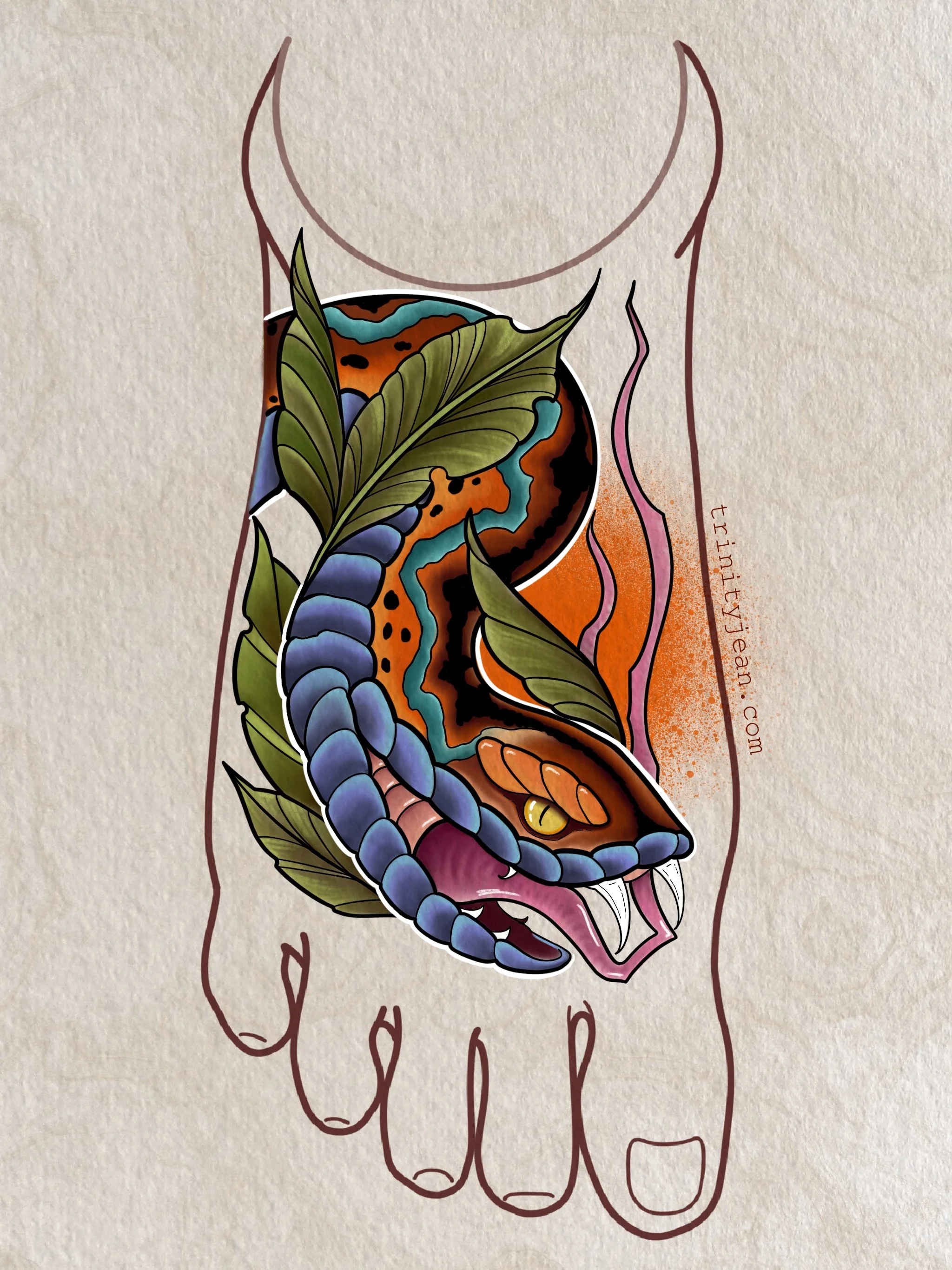 neo traditional tattoo design, colour tattoo design of a snake