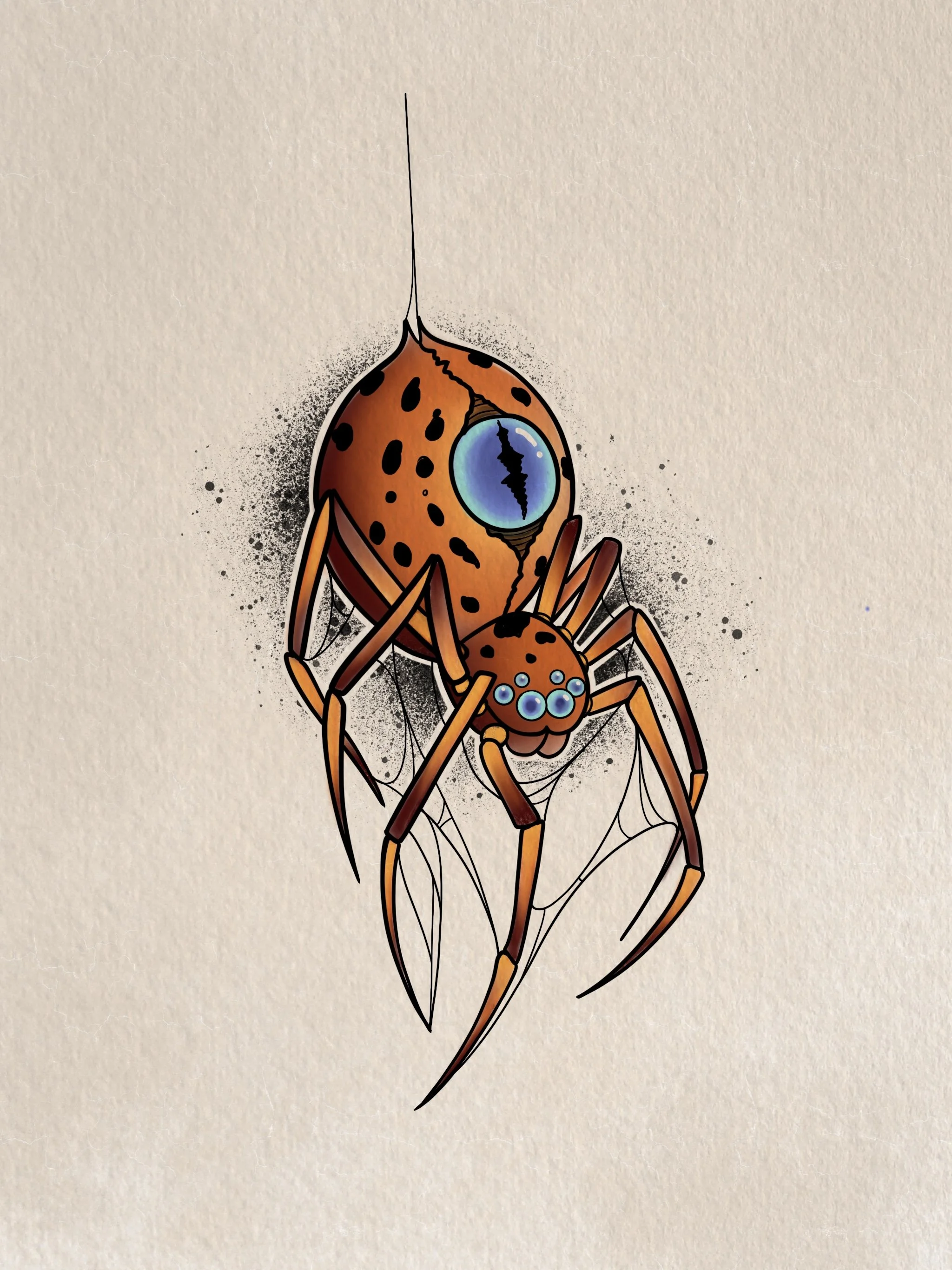neo traditional tattoo design, colour tattoo design of a spider. creepy spider art. halloween