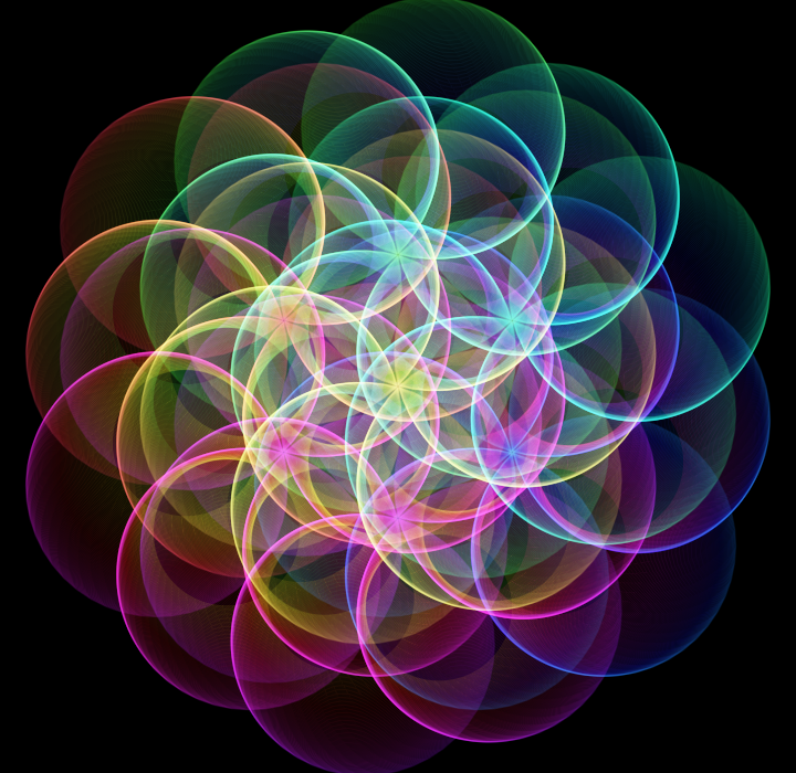 Colorful, overlapping glowing circles on a black background.
