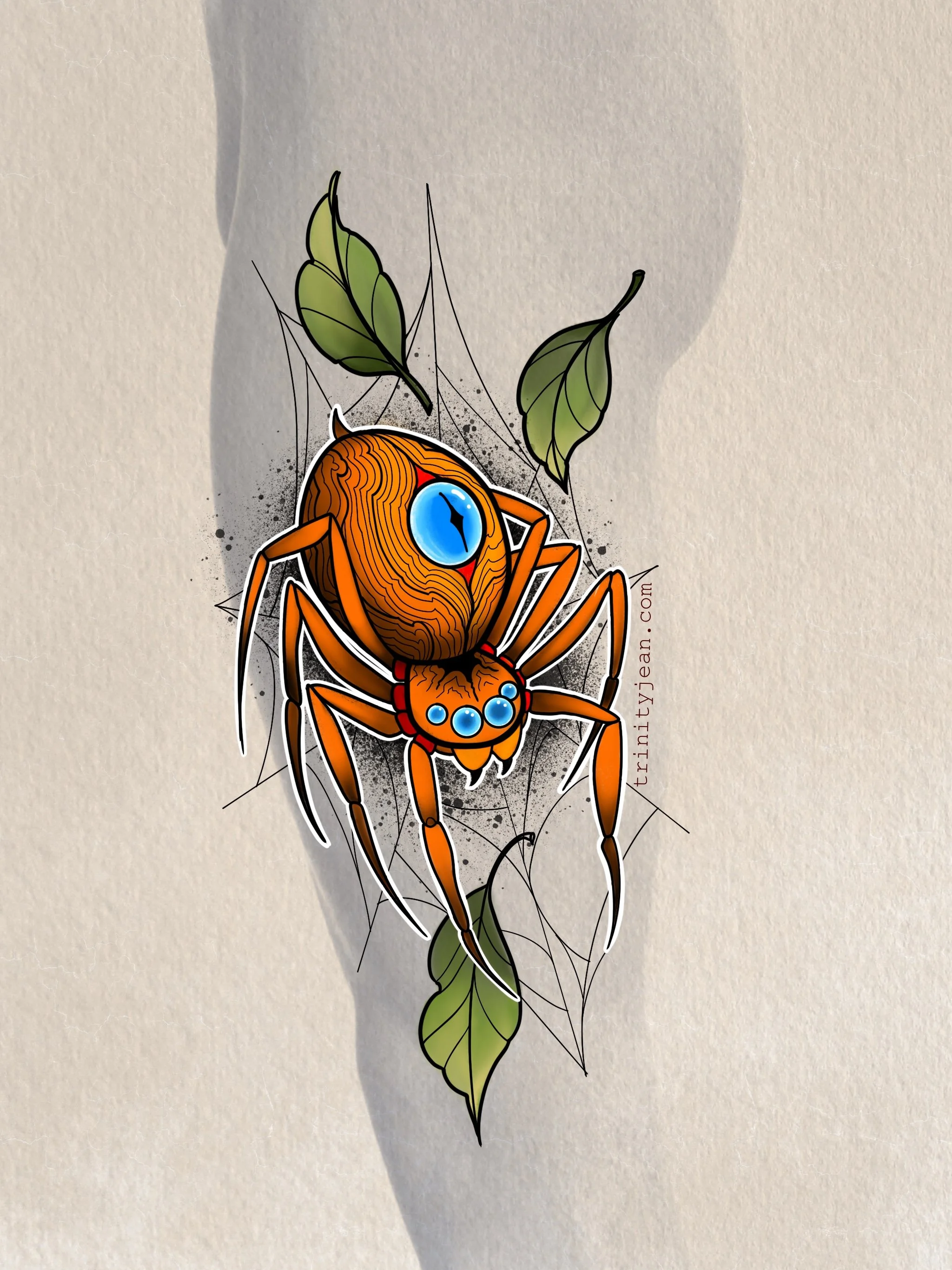 neo traditional tattoo design, colour tattoo design of a spider. creepy spider art. halloween