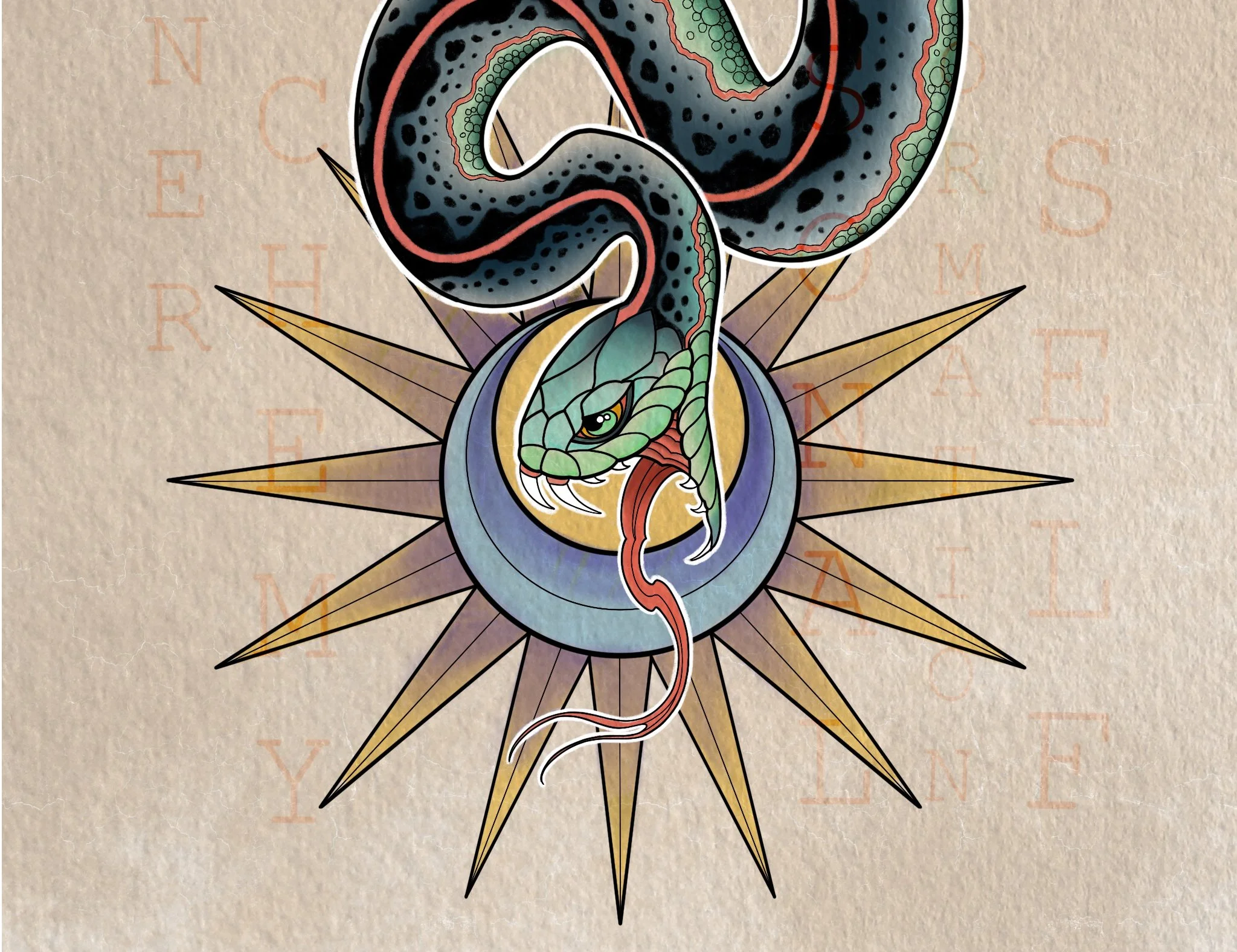 A colorful, stylized snake coiled around a circular structure with a pattern resembling a sunburst. The background features faded letters and symbols.