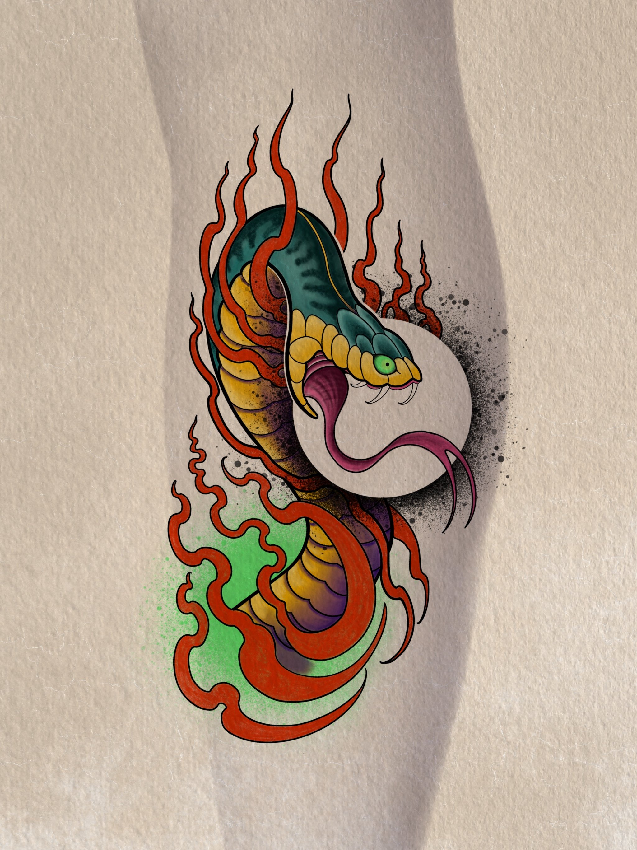 neo traditional tattoo design, colour tattoo design of a snake
