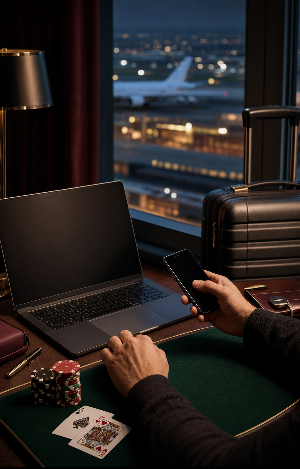 Poker traveler building a flexible trip with flight, hotel, rental car, cards, chips, and luggage.