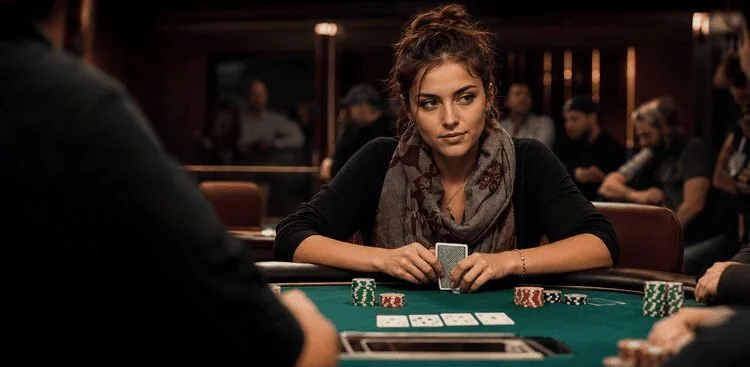 Young woman playing at a live poker tournament table with cards and chips