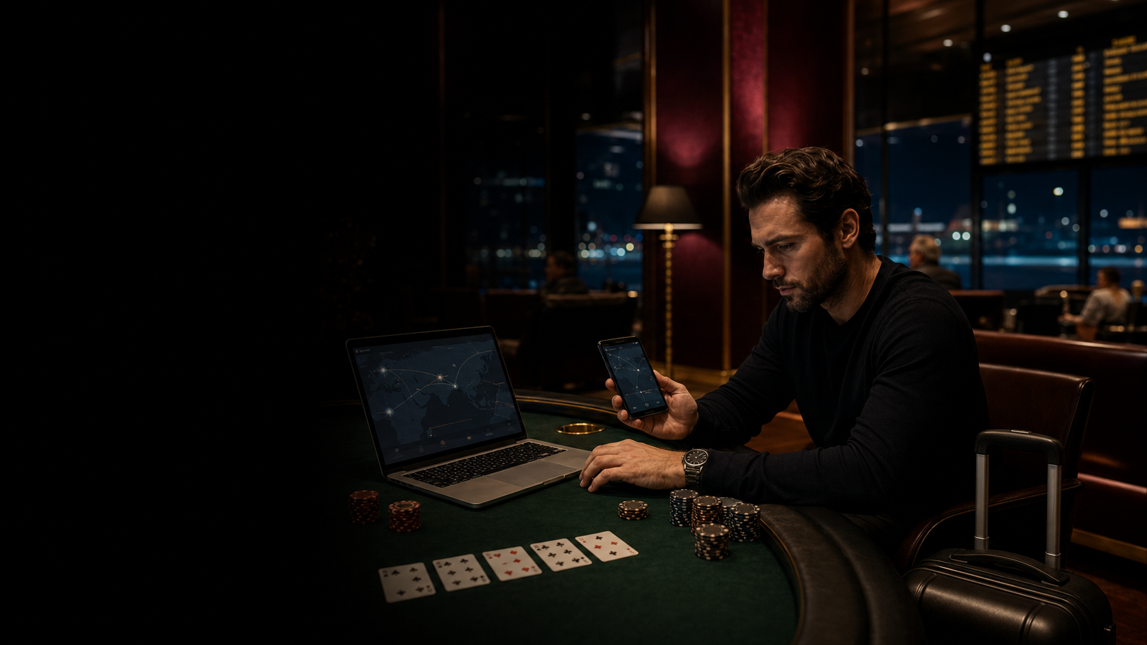 Poker player planning a flexible tournament trip in an airport lounge with cards, chips, laptop, phone, and luggage.