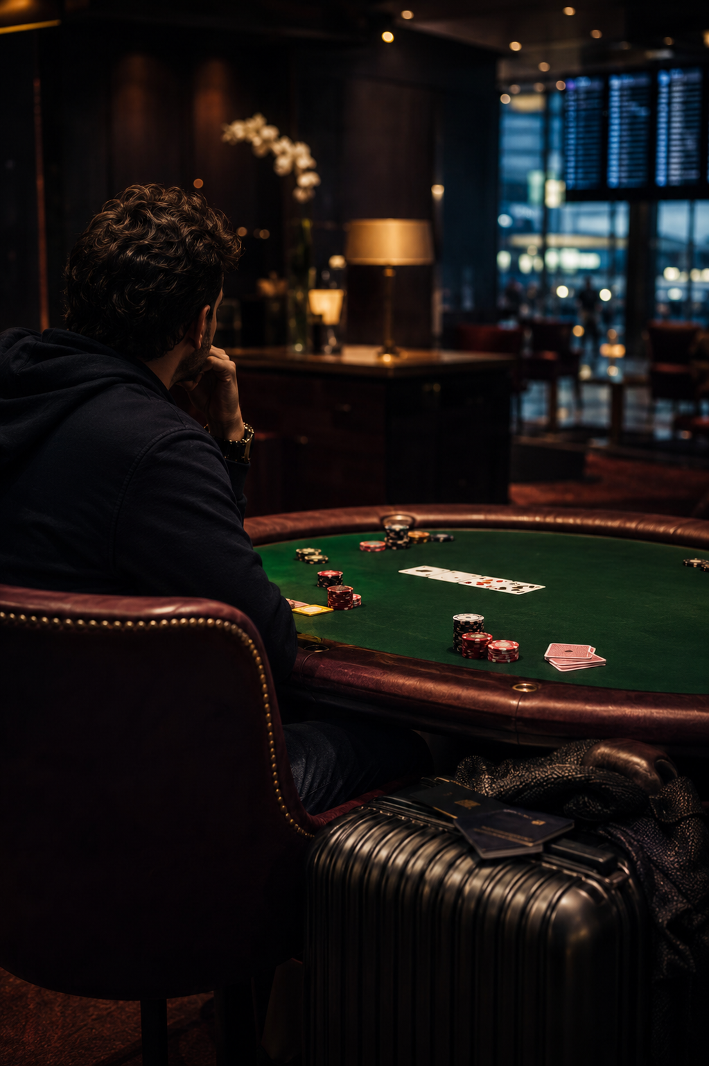 Poker traveler at a green-felt tournament table with cards, chips, passport, luggage, and an airport departure board.