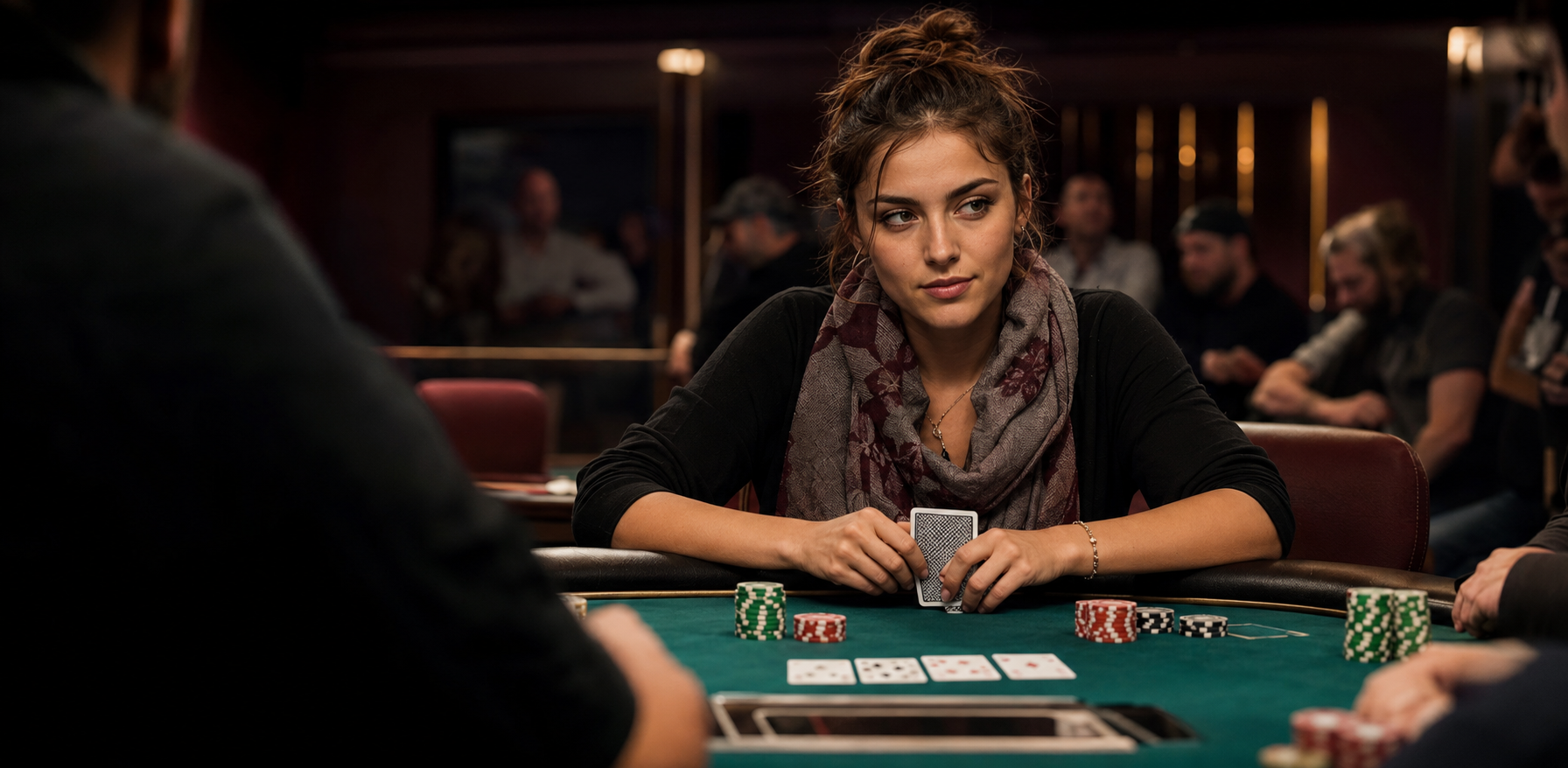 Young woman playing at a live poker tournament table with cards and chips