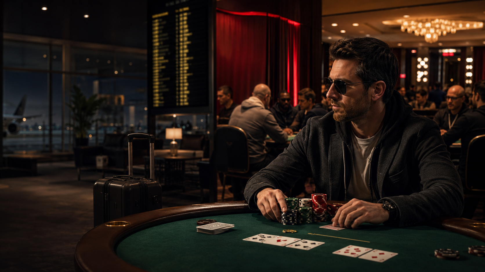 Traveling poker player seated at a tournament table in an airport lounge with cards, chips, and luggage.