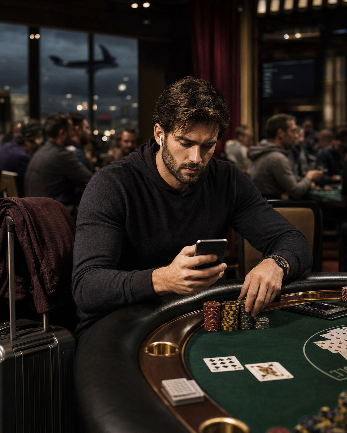 Poker player adapting travel plans during a deep tournament run with chips, cards, phone, and luggage.