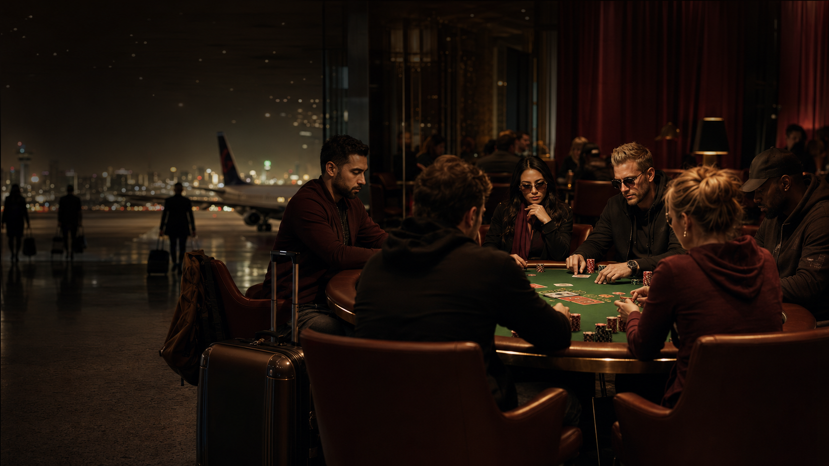 Poker travelers gathered around a tournament table beside luggage with airport and city lights in the background.