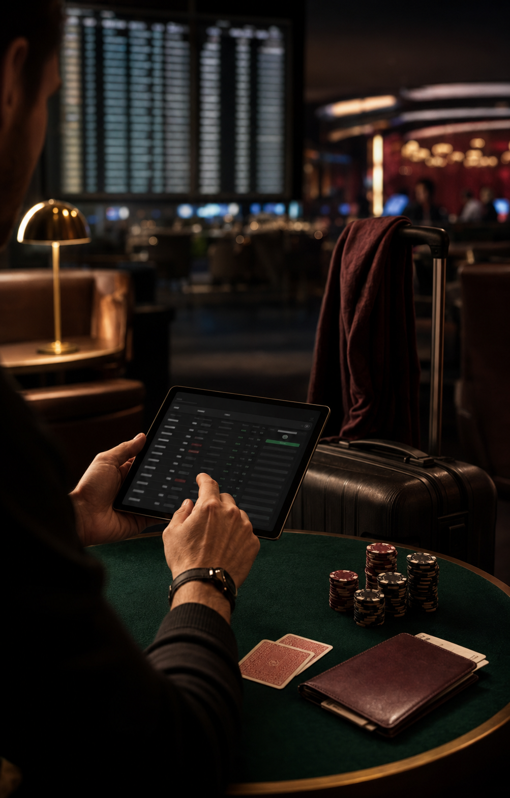 Poker traveler discovering tournament options in an airport lounge with cards, chips, and luggage.
