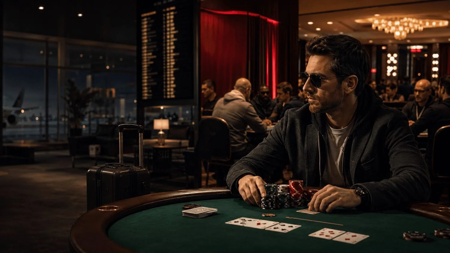 Traveling poker player seated at a tournament table in an airport lounge with cards, chips, and luggage.
