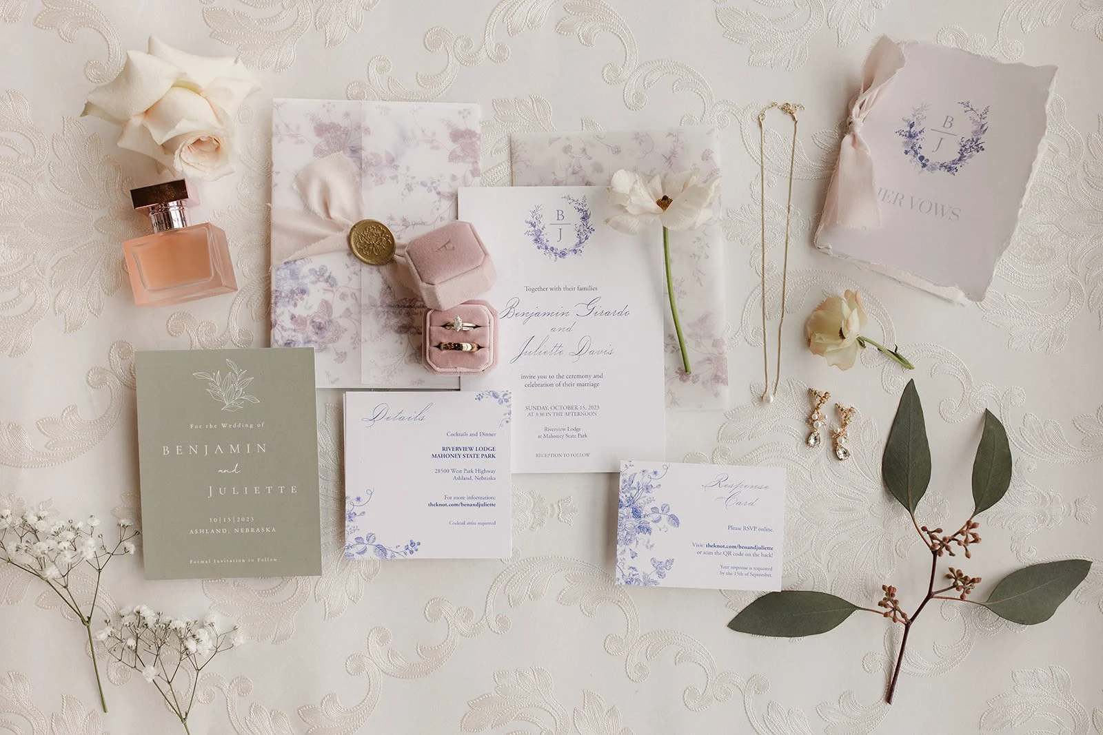 Floral wedding invitation suite with rings and jewelry - Omaha wedding planning and design by Renae Events