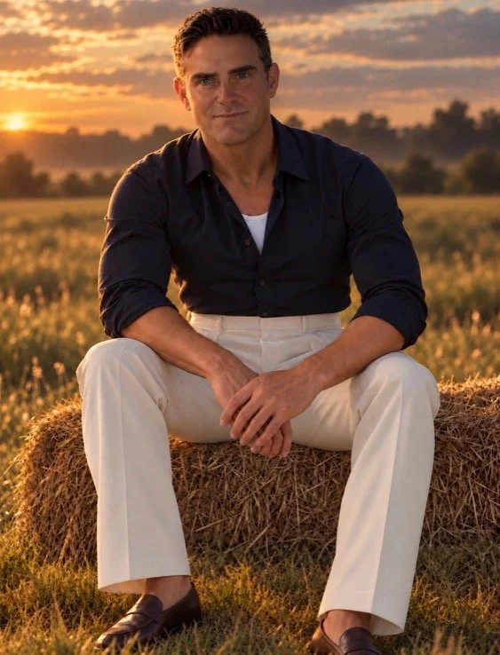 William James Cornhoff seated at sunset in a navy shirt and cream trousers.