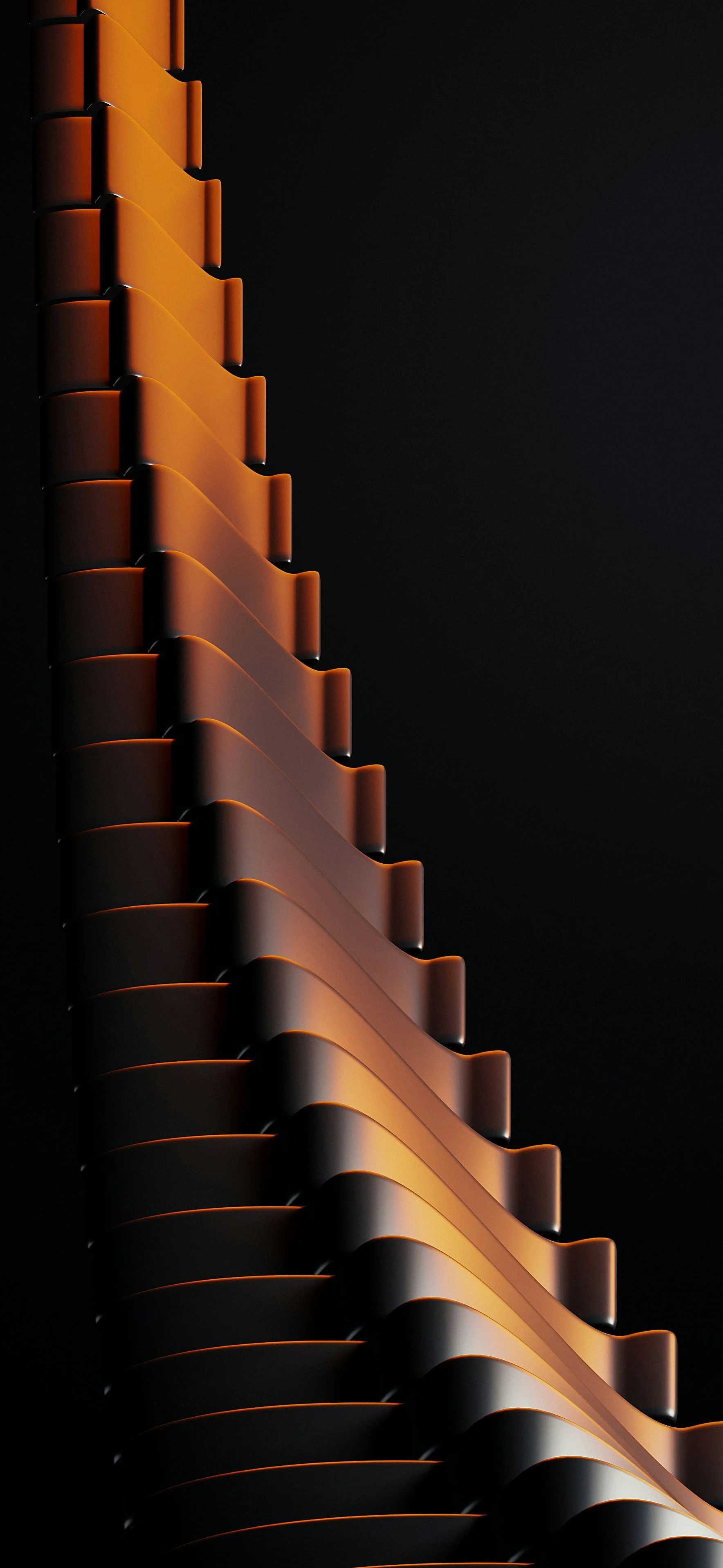 Close-up photo of a modern building with orange and black horizontal surfaces against a dark sky.