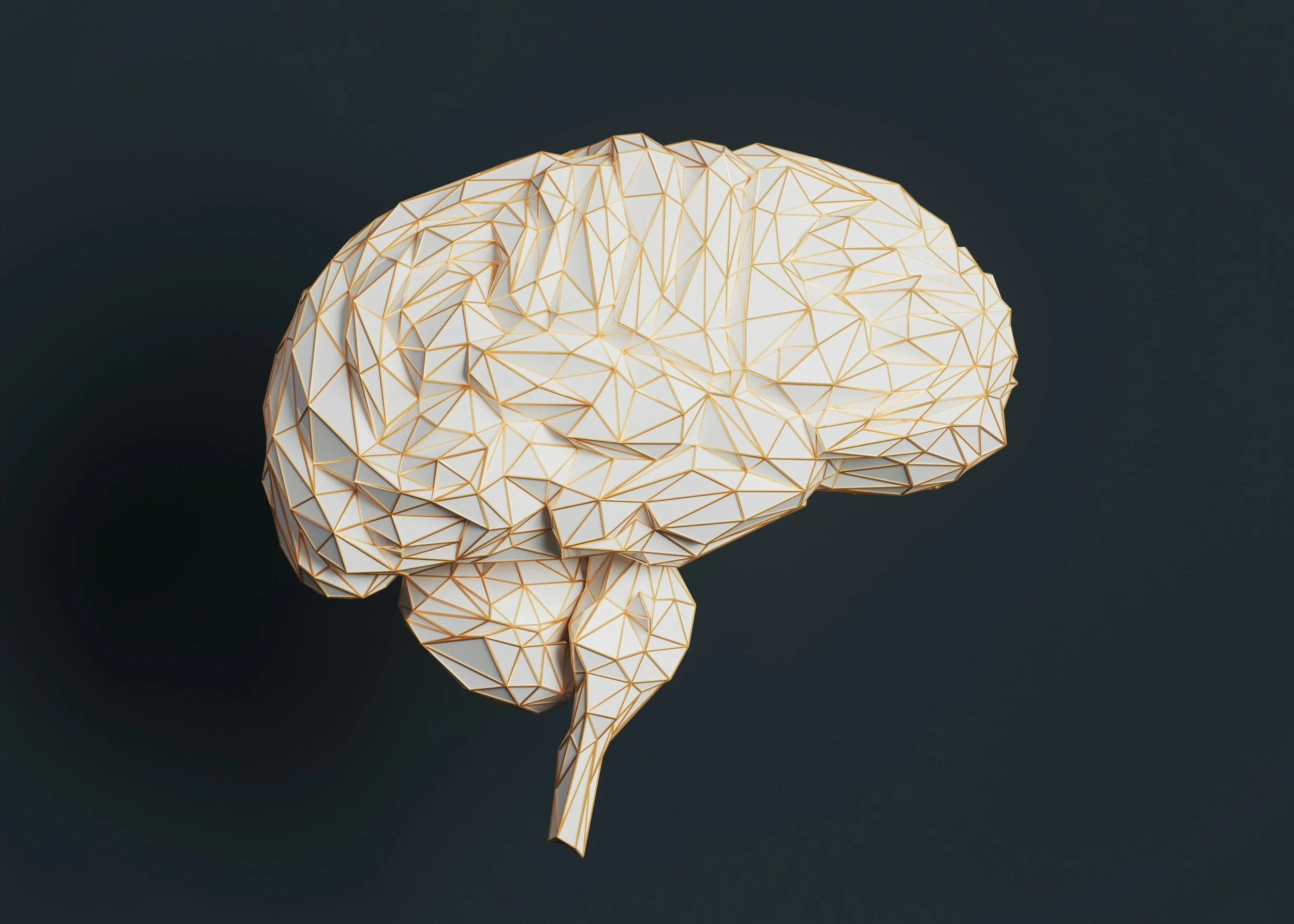 A 3D geometric sculpture of a human brain in white with thin gold outlines on a black background.