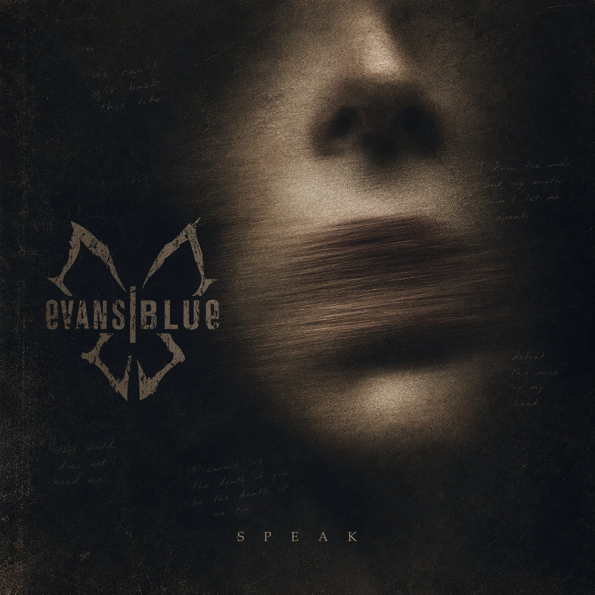 Close-up of an album cover with dark textured background featuring faint handwritten text, a blurred face with eye and nose visible, and the words 'SPEAK' and a butterfly symbol.