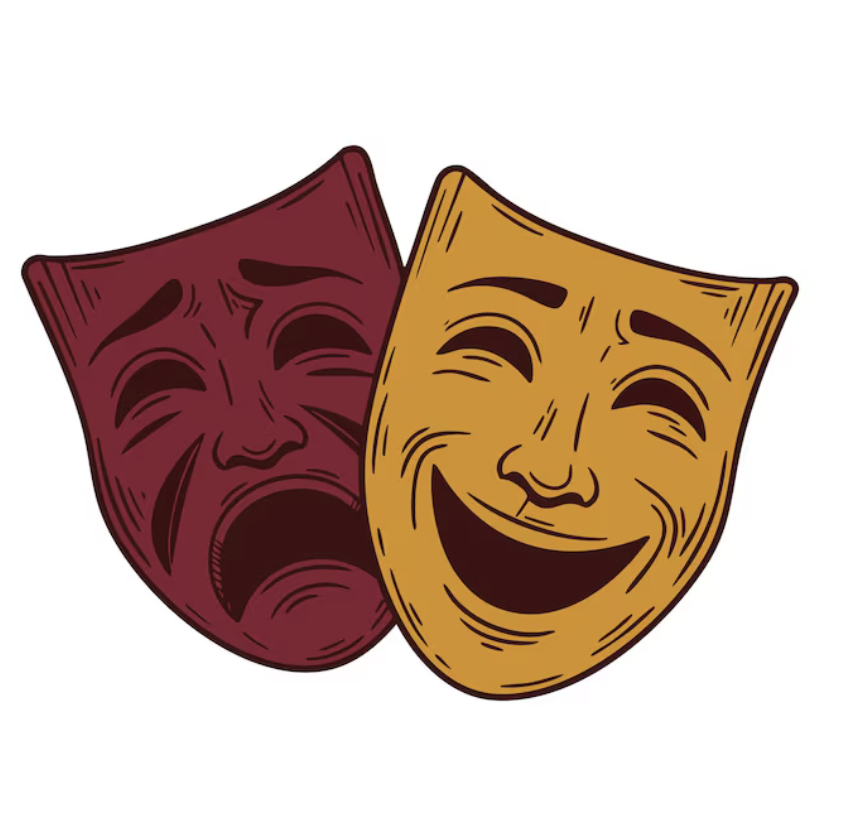 Two theatrical masks, one with a sad face and the other with a happy face.