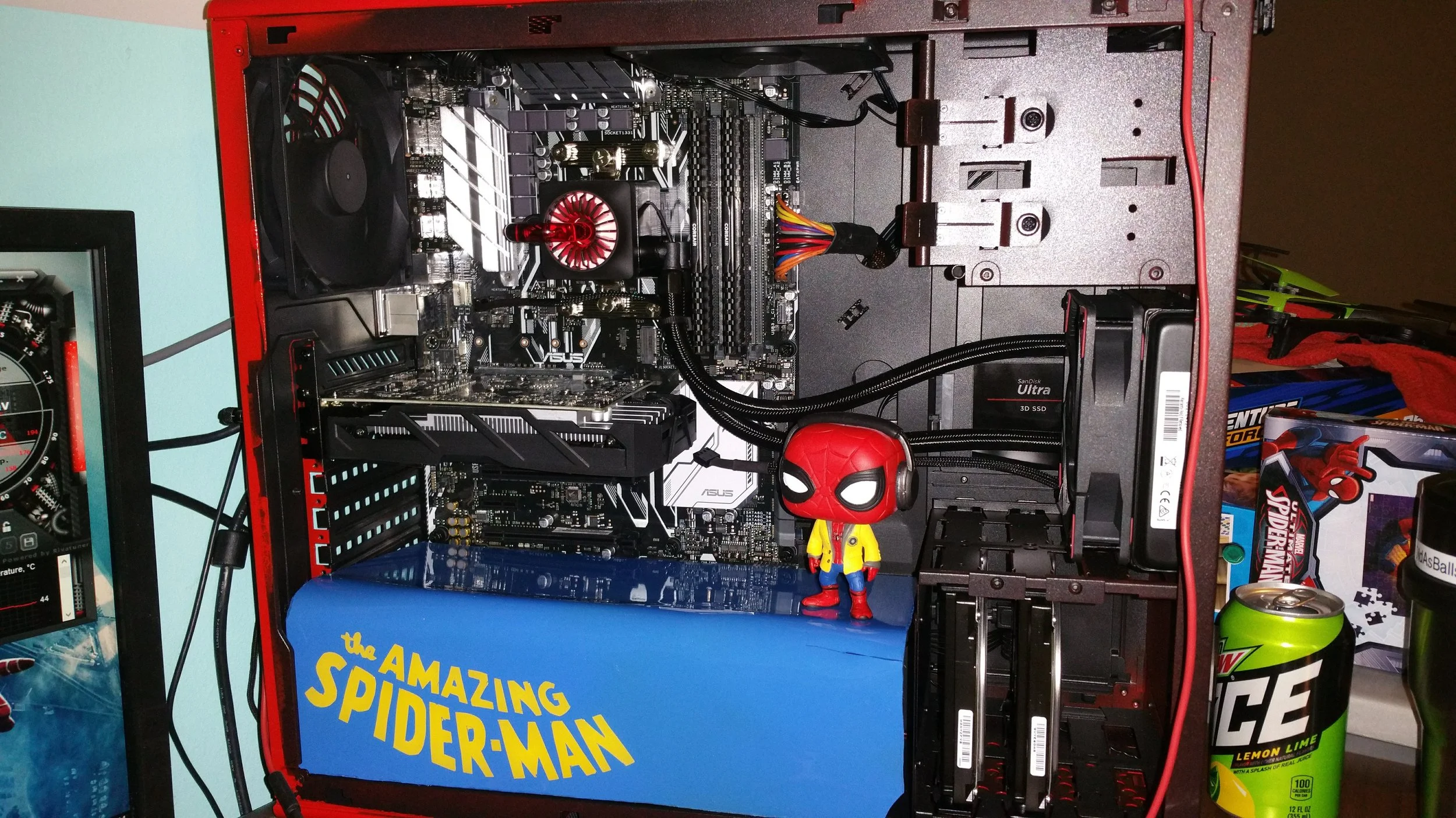 PSU shroud installed with Spiderman Funko Pop to hang out inside the case.