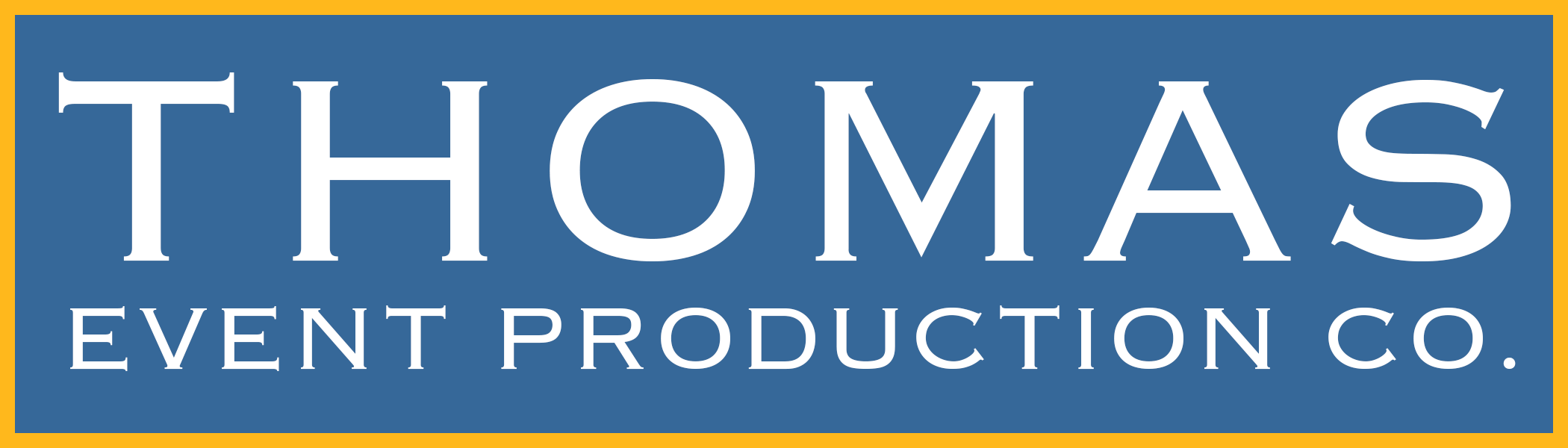 Logo for Thomas Event Production Co., with a blue background, white text, and a yellow border.