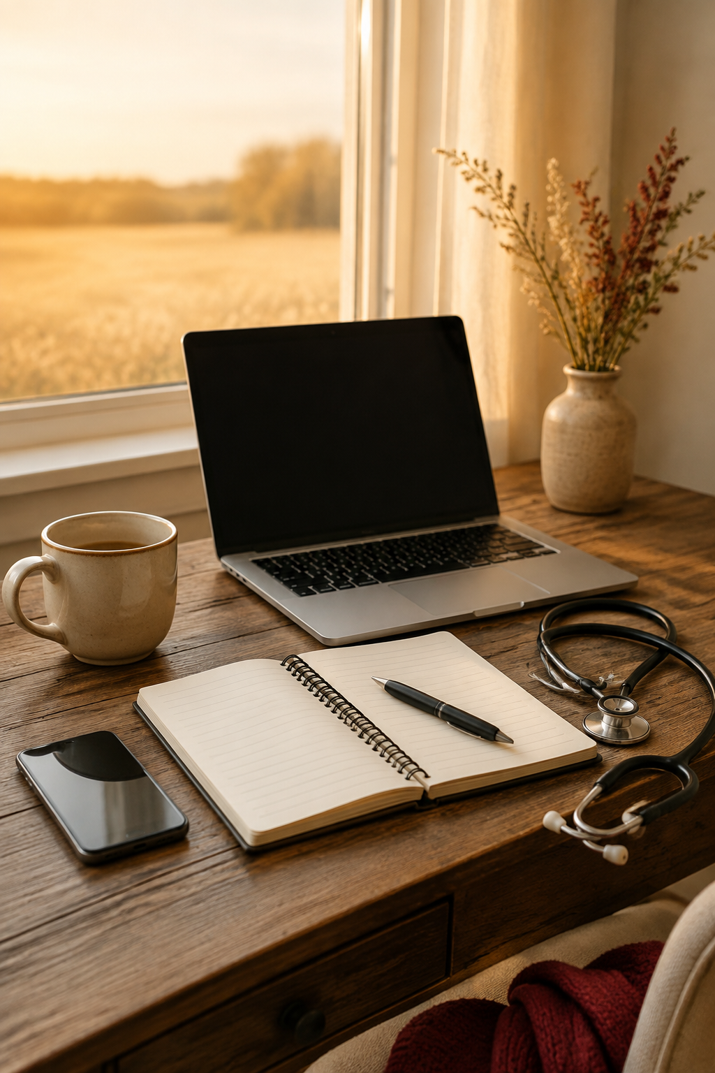 A wooden desk with a laptop, a notebook with a pen, a stethoscope, a smartphone, a mug of coffee, a potted plant, and a window showing a field and trees outside during sunset.