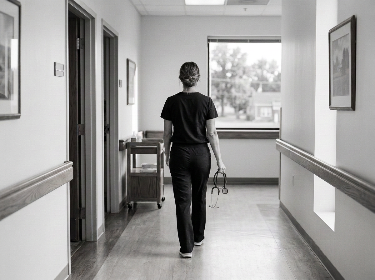 A female healthcare worker walking down a hospital corridor carrying a stethoscope.