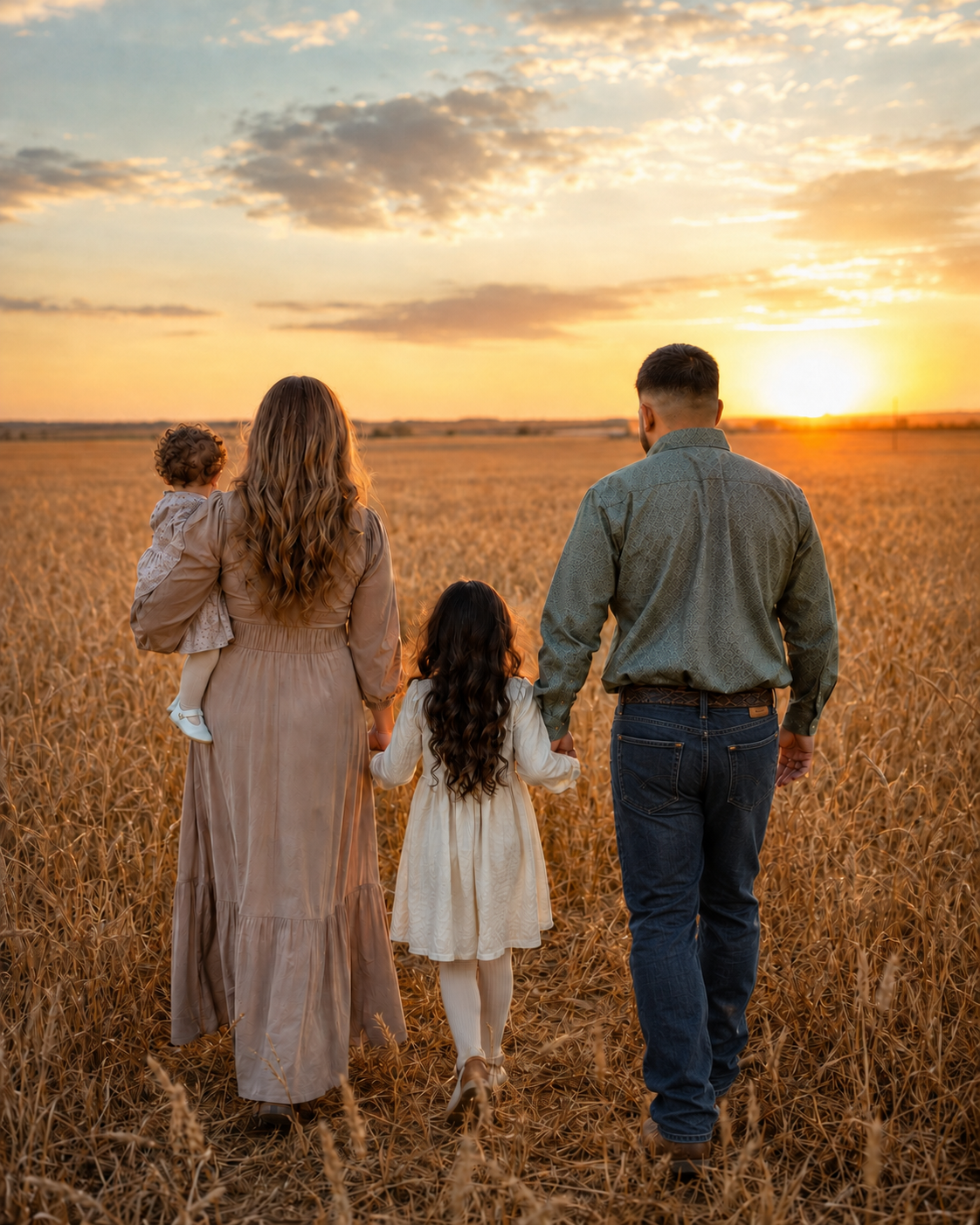 A family of four walking through a wheat field at sunset.