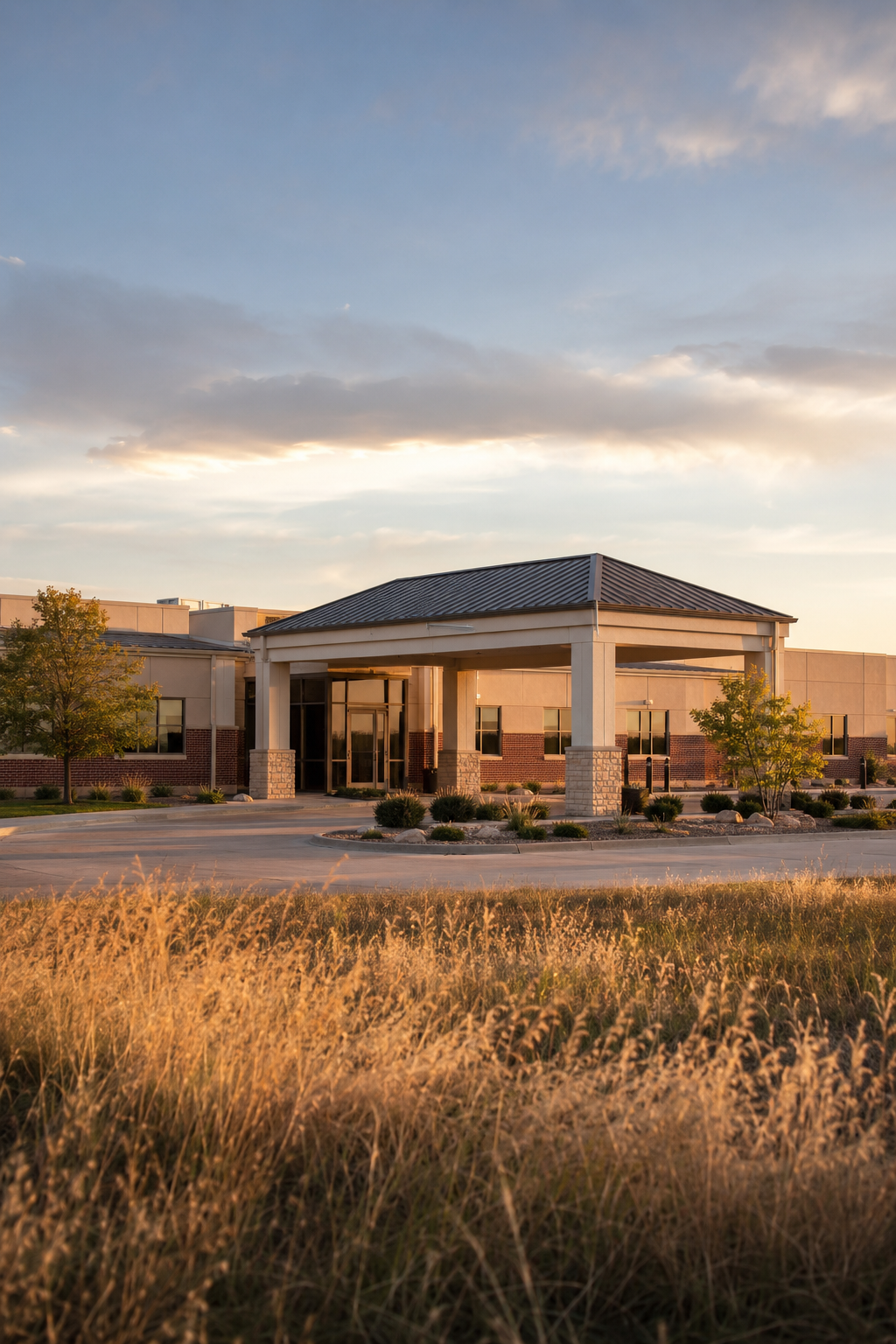 A modern building with a covered entrance, surrounded by trees, shrubs, and grass, under a partly cloudy sky at sunset.