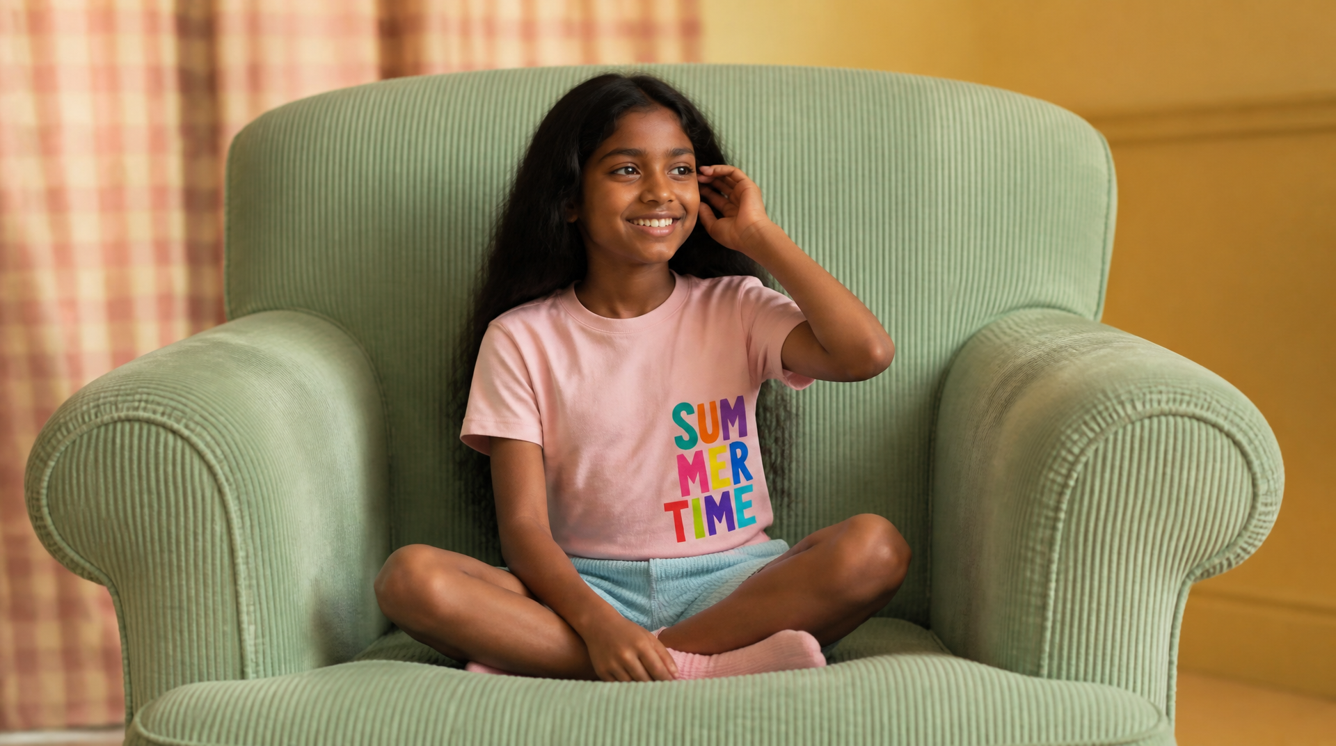 Girl in large chair wear Pink summertime tee