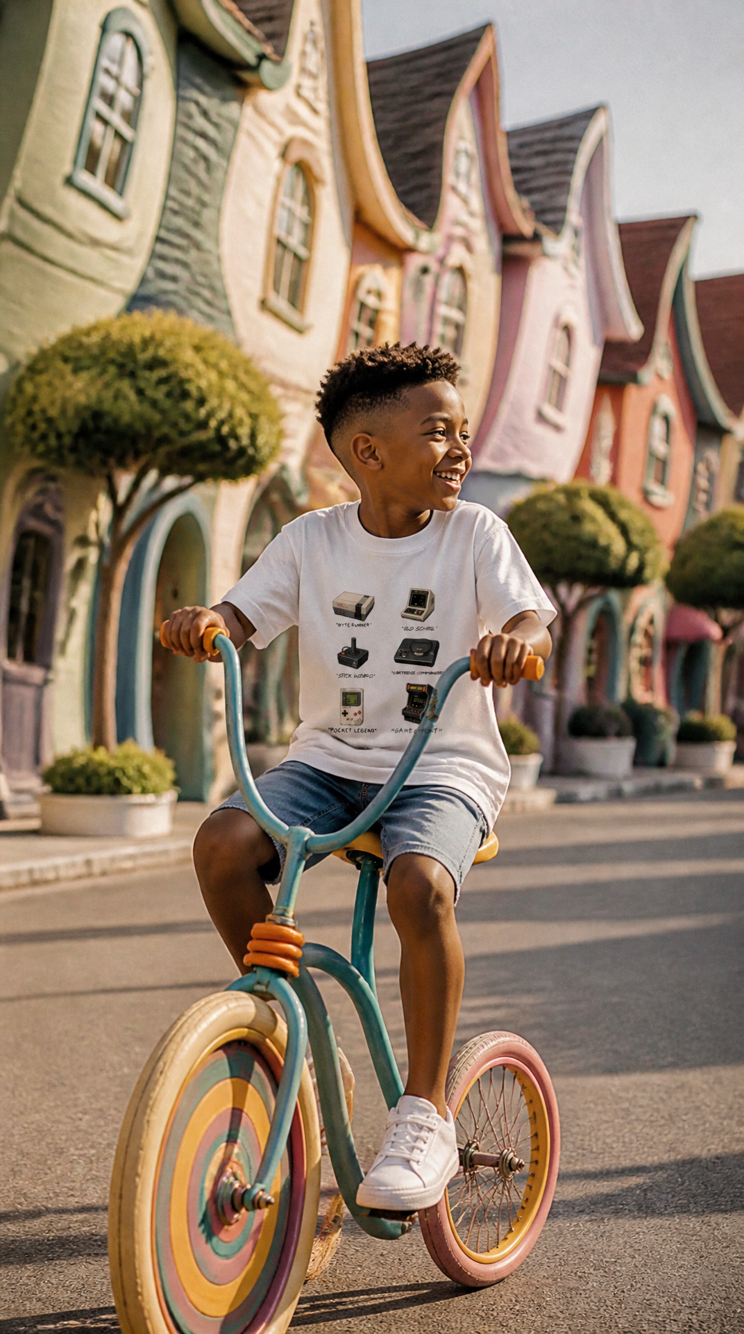 Young boy riding a colorful bike on a street with whimsical, pastel-colored houses and potted trees in the background.