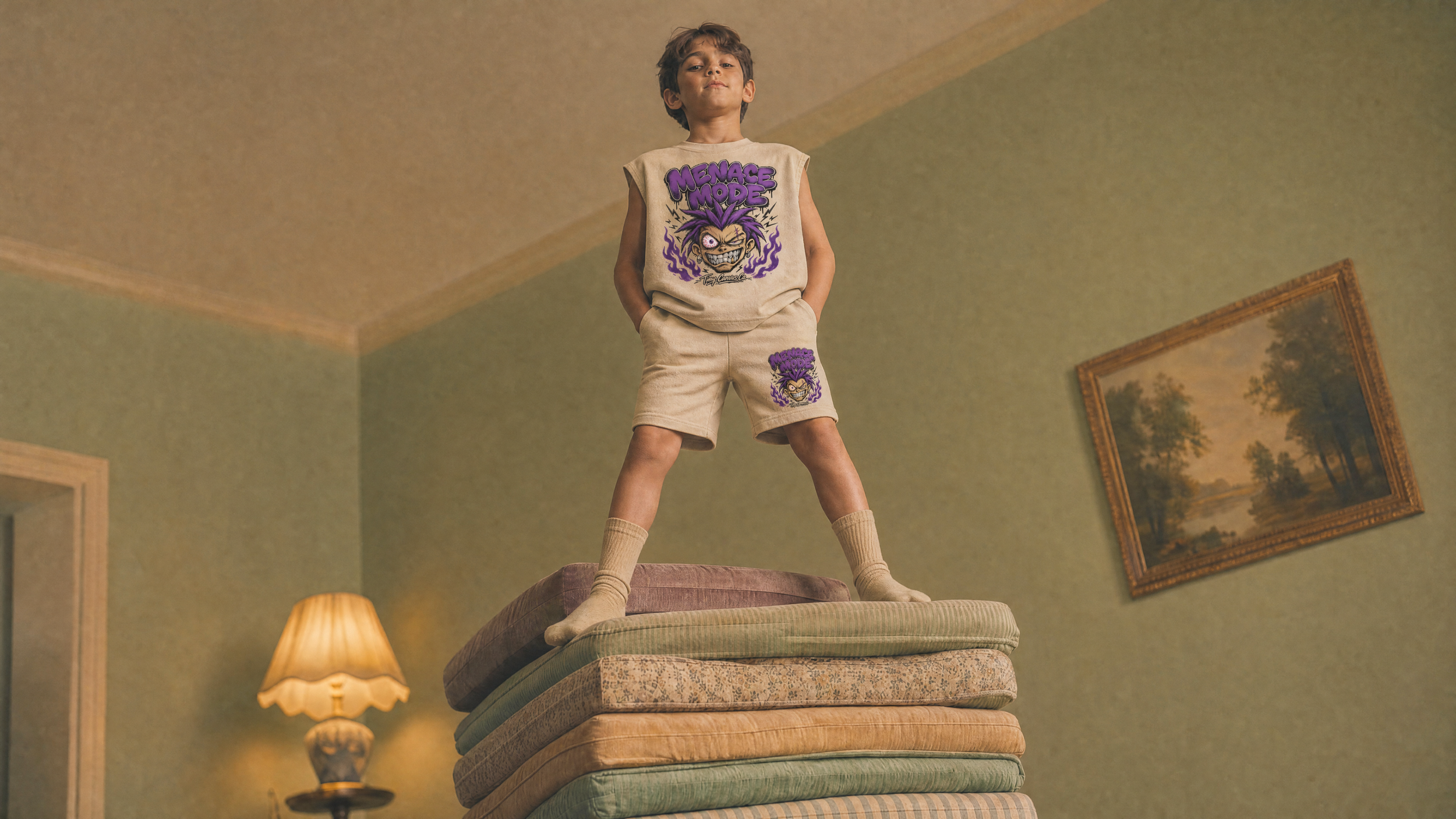 A young boy stands confidently on a stack of mattresses in a living room, wearing a sleeveless shirt and shorts with cartoon graphics and text, with his hands in his pockets and a smirk on his face.