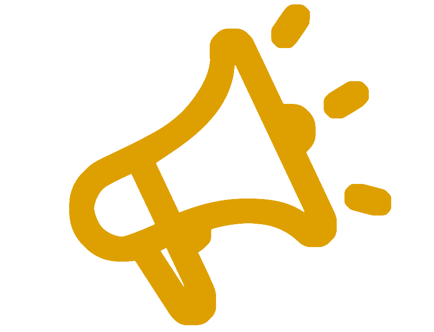 Golden outline of a loudspeaker with sound lines and sound waves coming out.