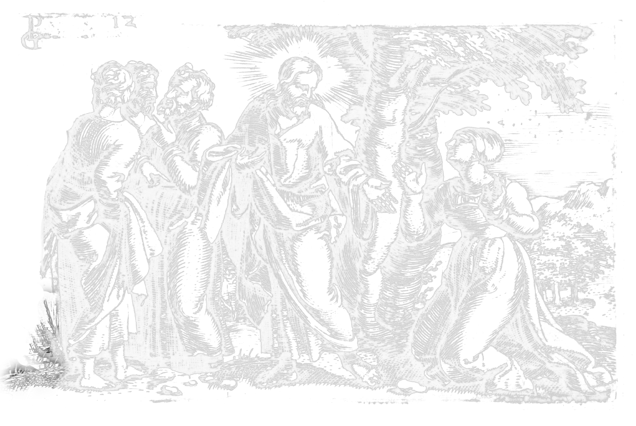 Black and white stained glass window depicting Jesus Christ with a radiant halo, surrounded by children and people, with detailed lines highlighting facial expressions and garments.