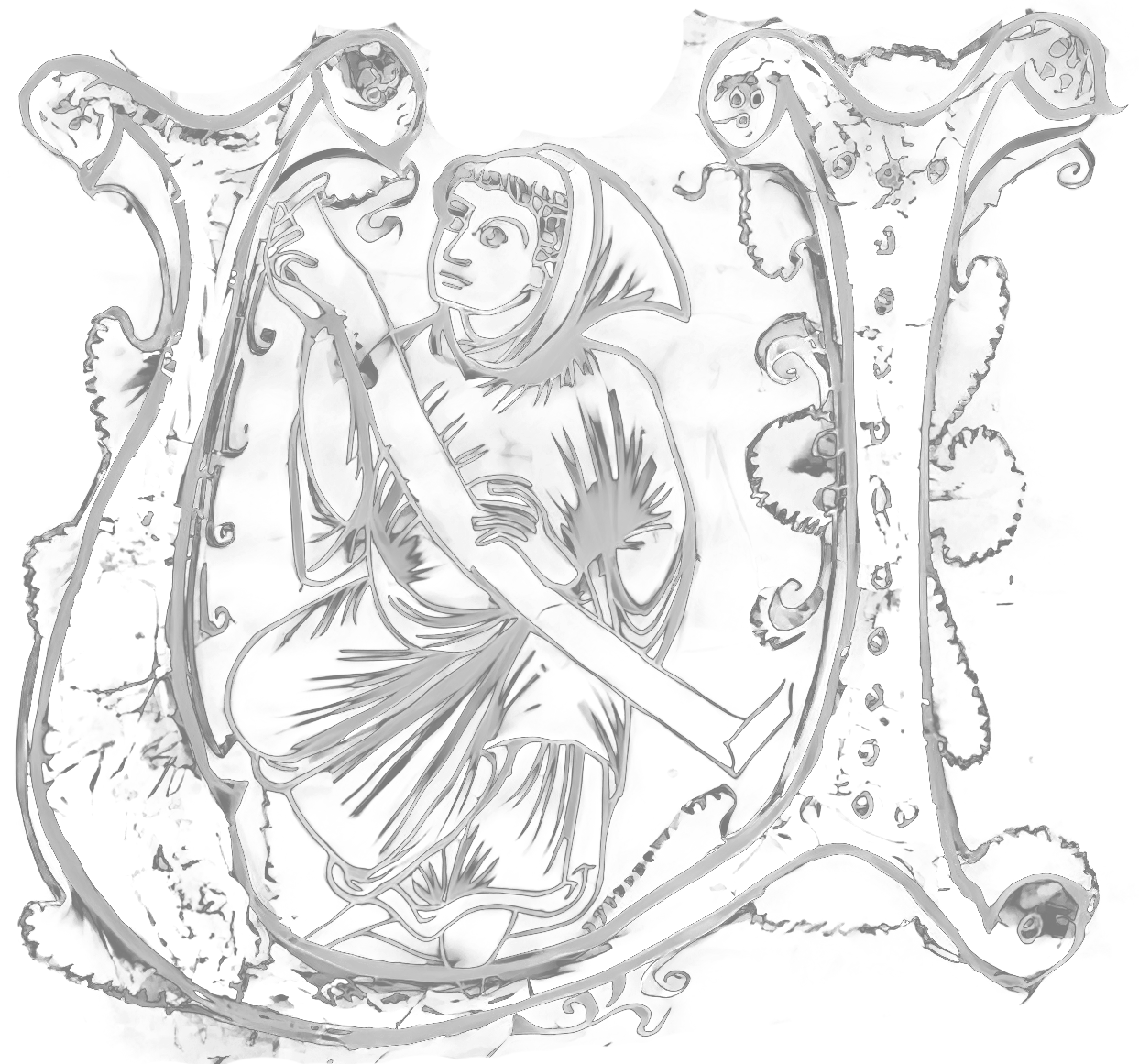 A stained glass window depicting a medieval knight holding a sword, dressed in armor and robes, with a halo-like light around his head, surrounded by decorative floral patterns.