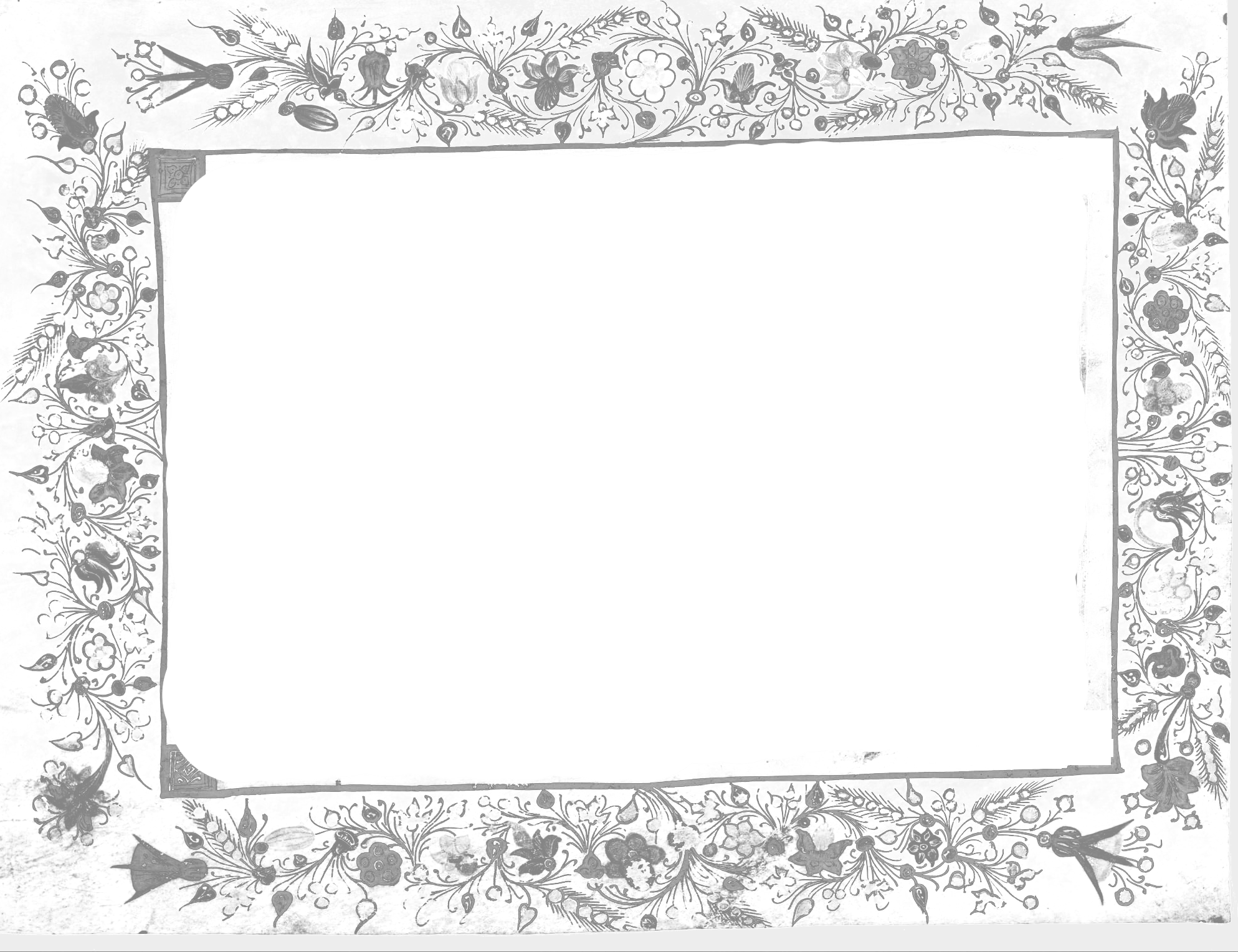 Decorative black and white mirror with floral and natural motifs around the frame.