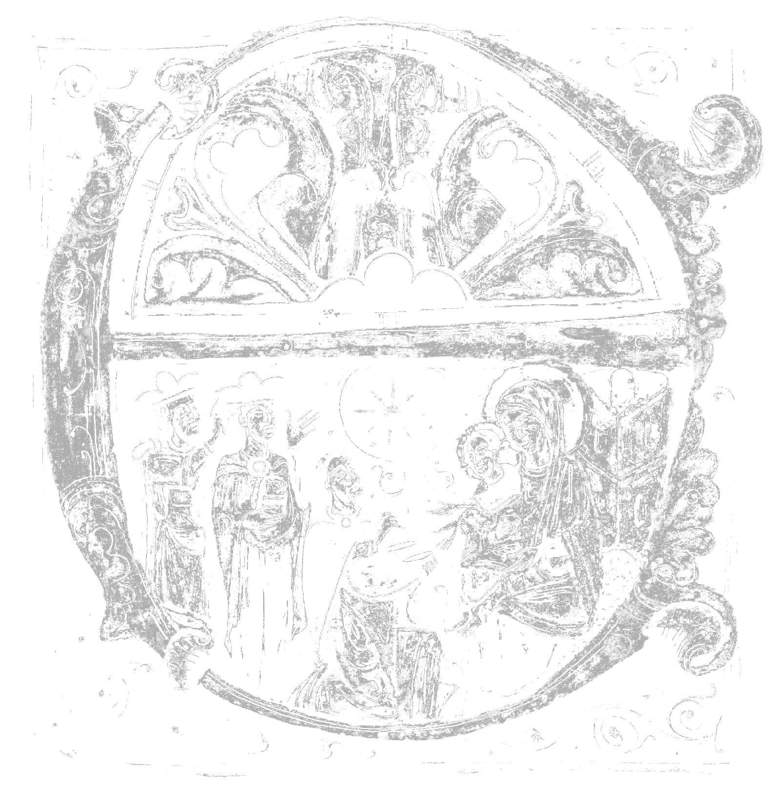 A religious stained glass window depicting the Nativity scene with Jesus, Mary, Joseph, and angels.