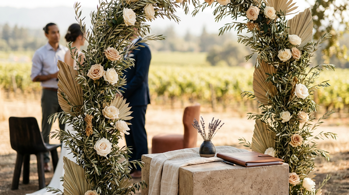 Outdoor wedding ceremony with a floral arch as the bride and groom exchange vows, captured by a Vancouver wedding photographer.