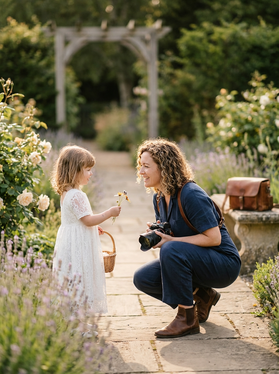 Wedding photographer interacting with a flower girl before the ceremony in a beautiful garden.