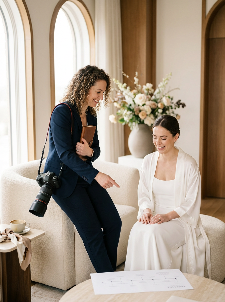 Bride reviewing her wedding timeline with her photographer before the ceremony in a naturally lit room.