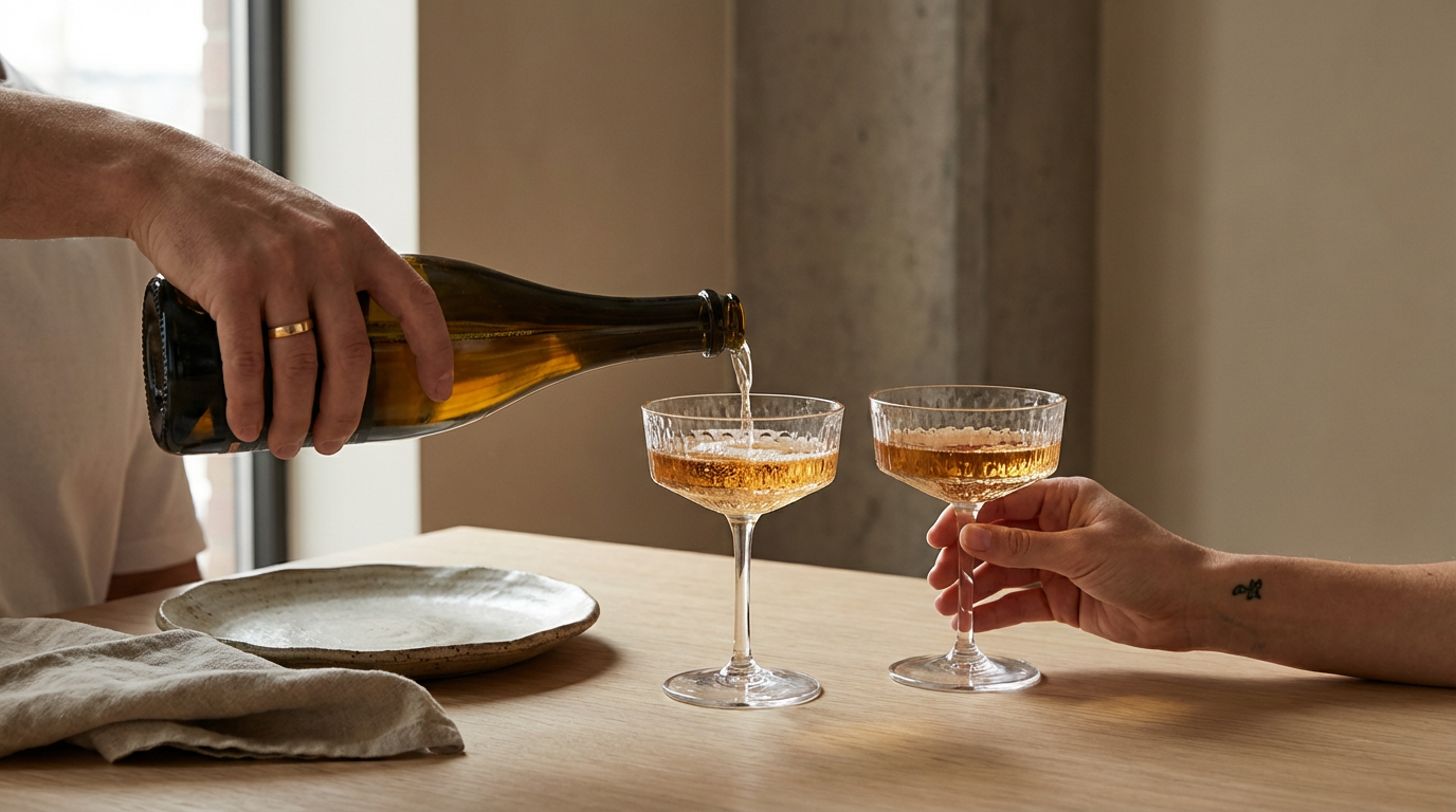 Champagne being poured into coupe glasses during wedding celebrations.