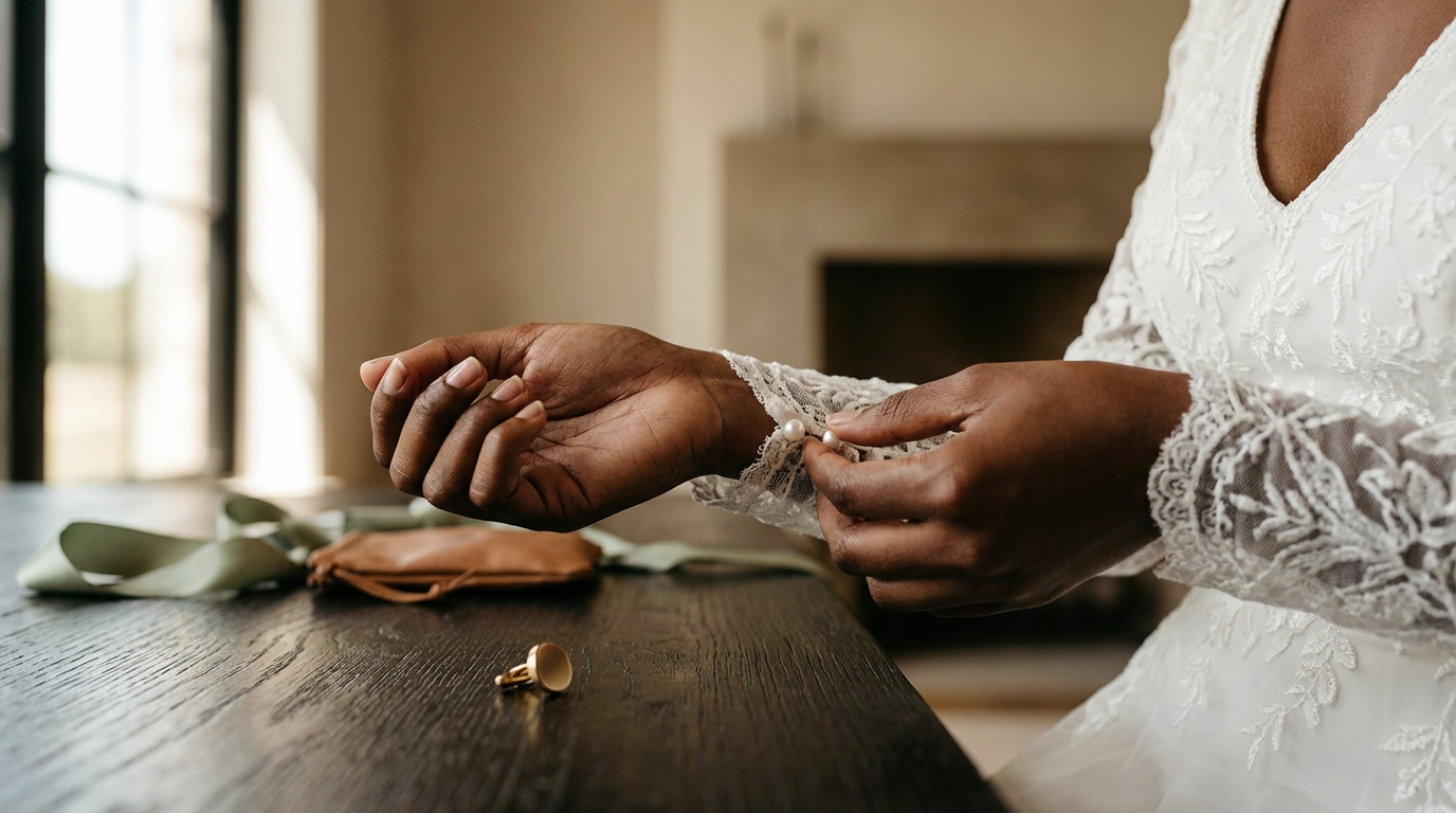 Bride putting on a pearl bracelet while getting ready on her wedding morning.