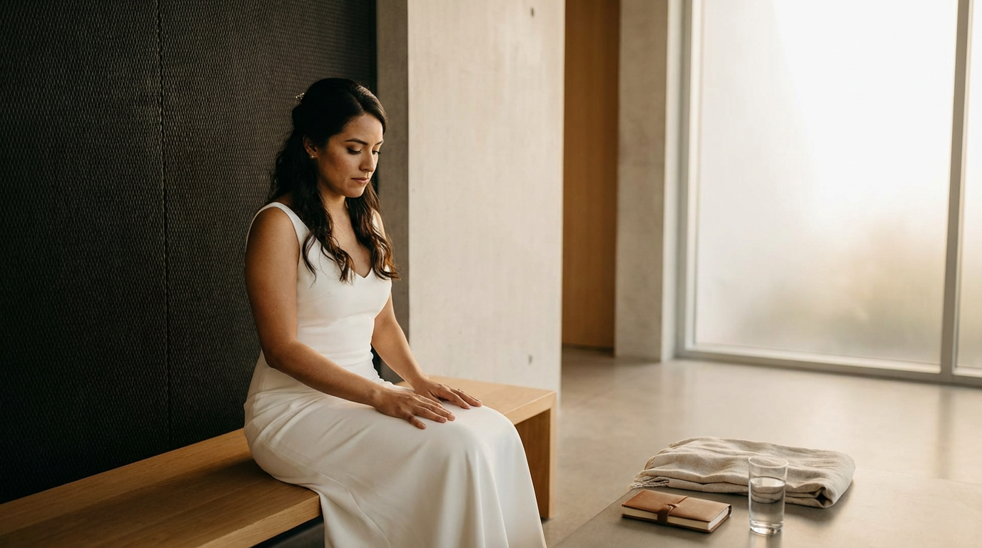 Bride sitting quietly before her ceremony during a peaceful wedding morning.