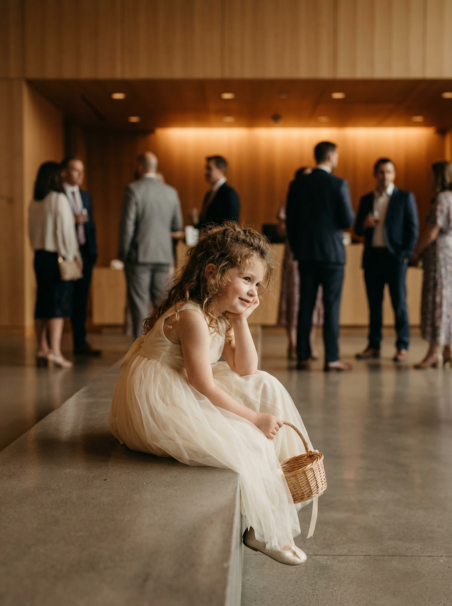 Flower girl in a cream dress holding a wicker basket before an outdoor wedding ceremony.