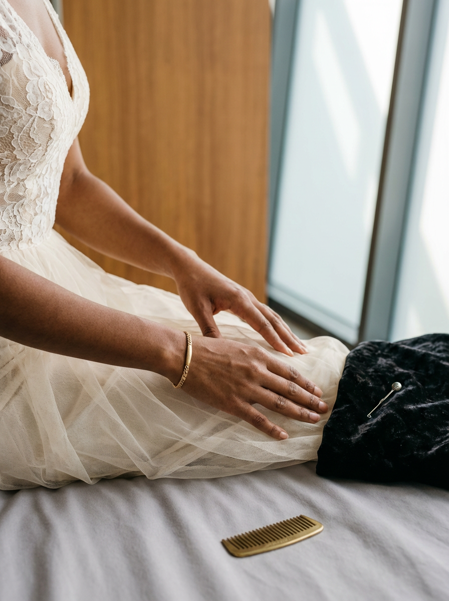 Bride adjusting her wedding dress during the getting-ready moments before the ceremony.
